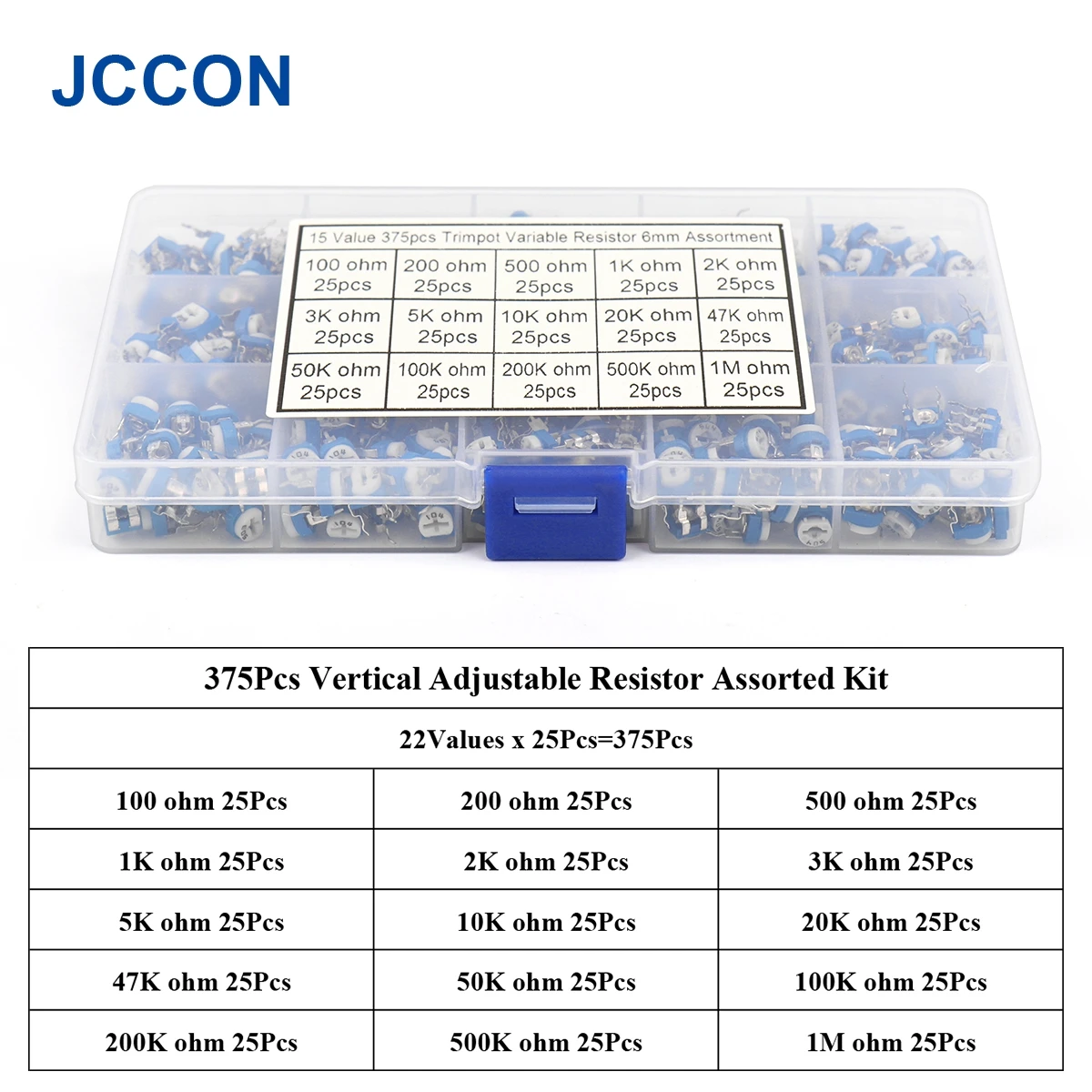 375Pcs Vertikale Einstellbaren Widerstand Assorted Kit 22 Werte x 25Pcs 100 ohm ~ 1M Trimpot Ariable Widerstand sortiment Kit – Detail 5