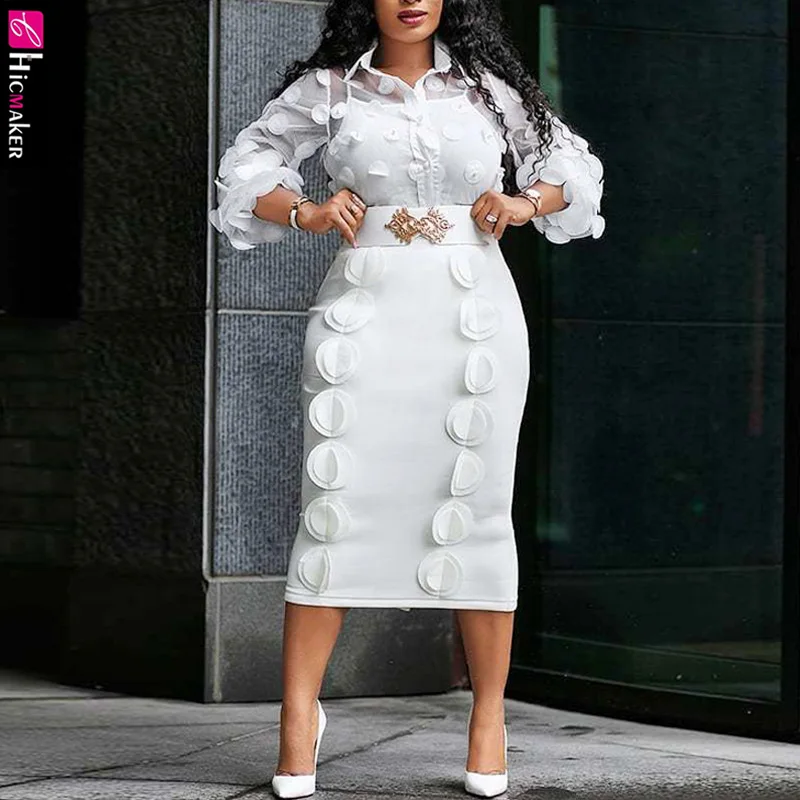 Women Plus Size Turn Down Collar Bodycon Dress See Through Long Sleeve Chic Elegant Office Lady Party Vestido | Женская одежда