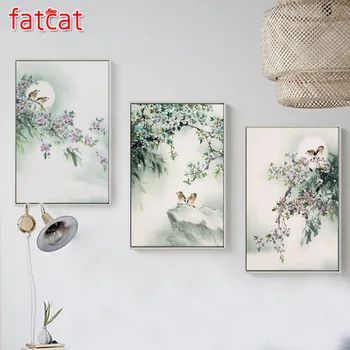 

FATCAT Abstract watercolor flowers and bird 5D diamond painting full square round drill diy embroidery triptych home decor AE283