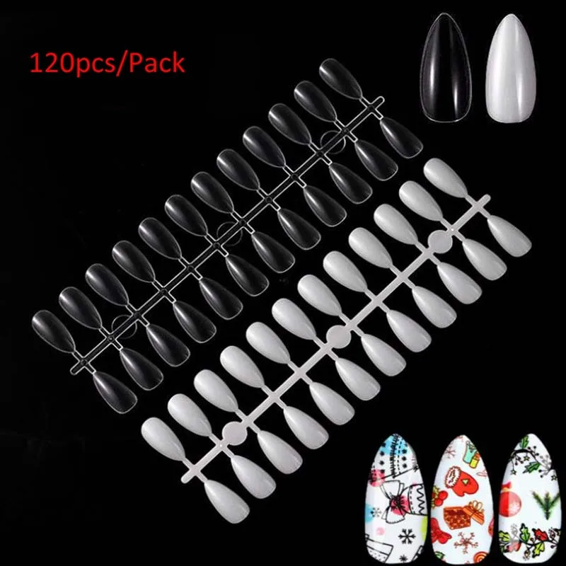 

120pcs/Bag Nail Art Tips Transparent/Natural False Oval Sharp Nails Display Model Flat Shape Full Cover Manicure Fake Nail Tips