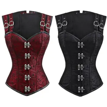

Vberry Punk Metal Stick Underwire Wine Red Gothic Overbust Corset with Shoulder Straps