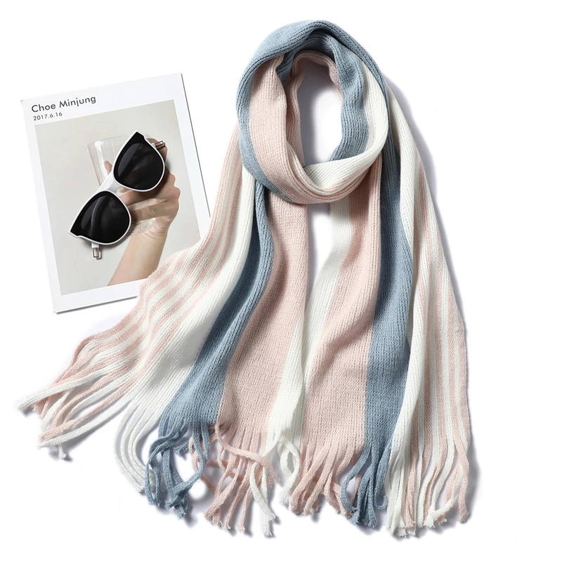 Зимний женский шарф теплый для шеи вязаные шарфы длинный размер с кисточкой женские шали и Обертывания платок-Бандана Femme Мода Новинка - Цвет: WJ85-9