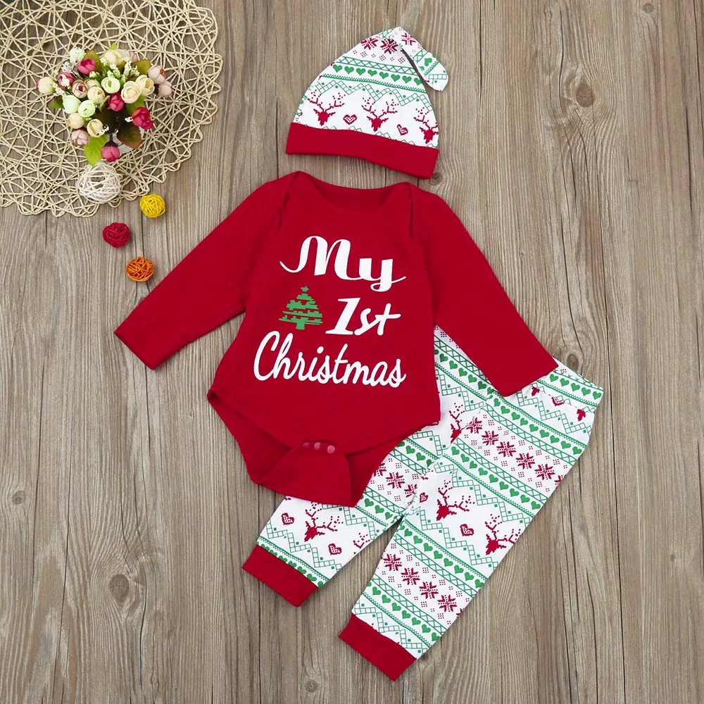 My First Christmas/комплект одежды для новорожденных девочек и мальчиков зимняя одежда для малышей комбинезон с надписью и штаны комплект одежды с шапочкой roupa infantil