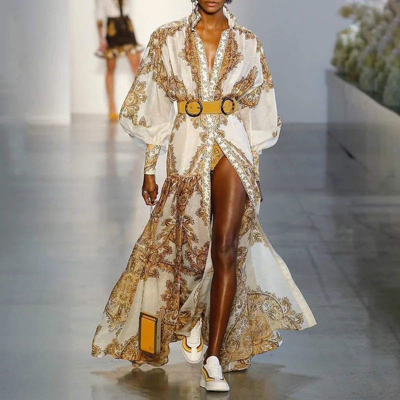 

TVVOVVIN New Summer Spring European Style Women Full Lantern Sleeve Print Patchwork Floor-length Stand Neck Loose Dress X188