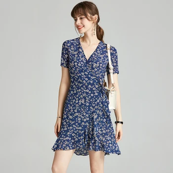 

100% Silk Women's Runway Dresses Sexy V Neck Short Sleeves Lace Up Bow Printed Ruffles Fashion Short Dresses