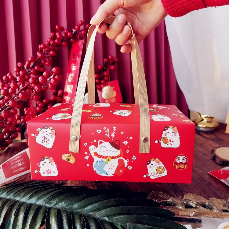 10PCS Happy lucky Cat Portable Paper Box Baking Tea Box Red Leather Handle box Wedding birthday gift holiday packaging Handbag 10PCS Happy lucky Cat Portable Paper Box Baking Tea Box Red Leather Handle box Wedding birthday gift holiday packaging Handbag