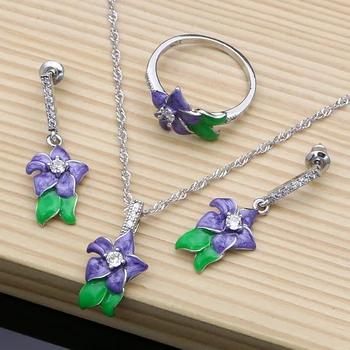 

Silver Plant Jewelry Set 925 Sterling Silver Jewelry for Women Green Leaves Purple Enamel Flowers Long Earrings Fine Jewelry