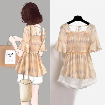 

Women New 2020 Summer Fashion T-shirt and Shorts Suits Female Sweet Girls Chiffon Tops High Waist Short Pants Two Piece Set L78