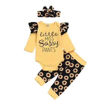 

0-18M Cute Newborn Baby Girl Long Sleeve Letter Print Cotton Bodysuit Tops Sunflower Long Pant Headband 3PCS Baby Clothes Set