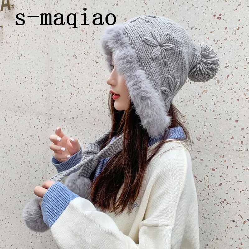 Gorro de aviador de punto de visón para pompón grueso y esponjoso, cálido, a prueba de viento, con orejeras, gorros de esquí para nieve _ - AliExpress Mobile