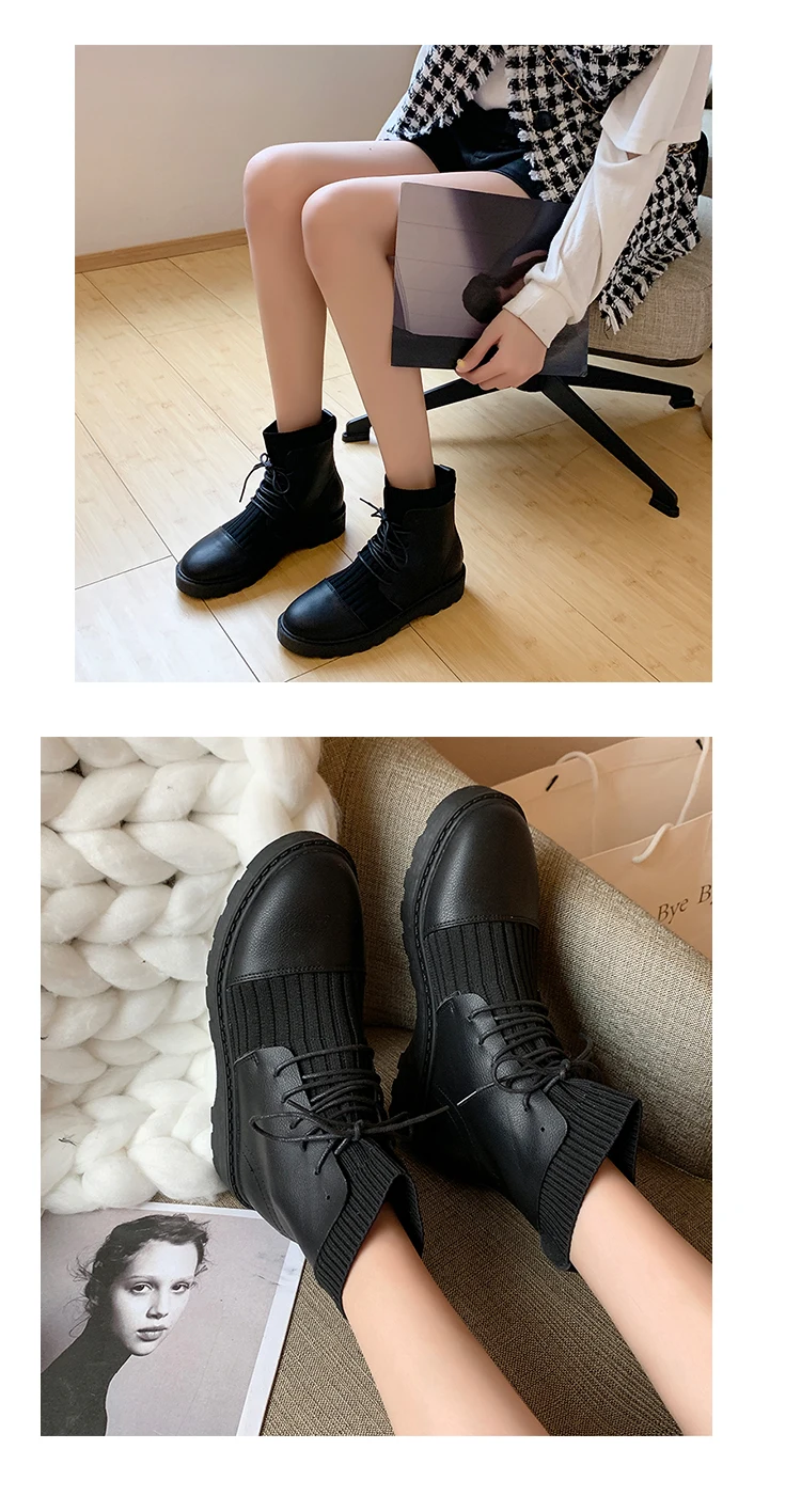 Г. bottines pour les femmes, вязаные осенне-зимние женские ботинки на шнуровке Нескользящие ботильоны для женщин с круглым носком на шнуровке