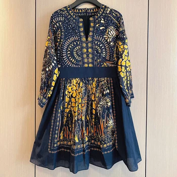 

2020 Vintage Slim V Neck spring Autumn Floral Print Midi Long Irregular Bandage Dress Women long Sleeve High Waist elegant dress
