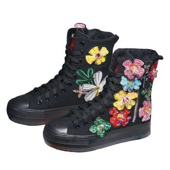 

Bling Flower Sequins Martin Boots Women High Tops Canvas Sneaker Boots 2020 Ladies Luxury Rhinestones Warm Winter Shoes Woman