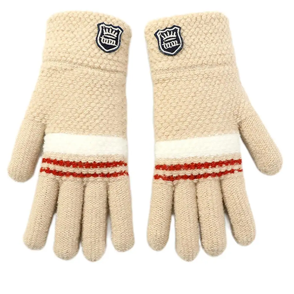 BG Children Boys Girls Winter Thick Knitted Full Finger Gloves Stripes Badge Applique Elastic Cuff Kids Student Plain Mittens 6-12T - Цвет: BG