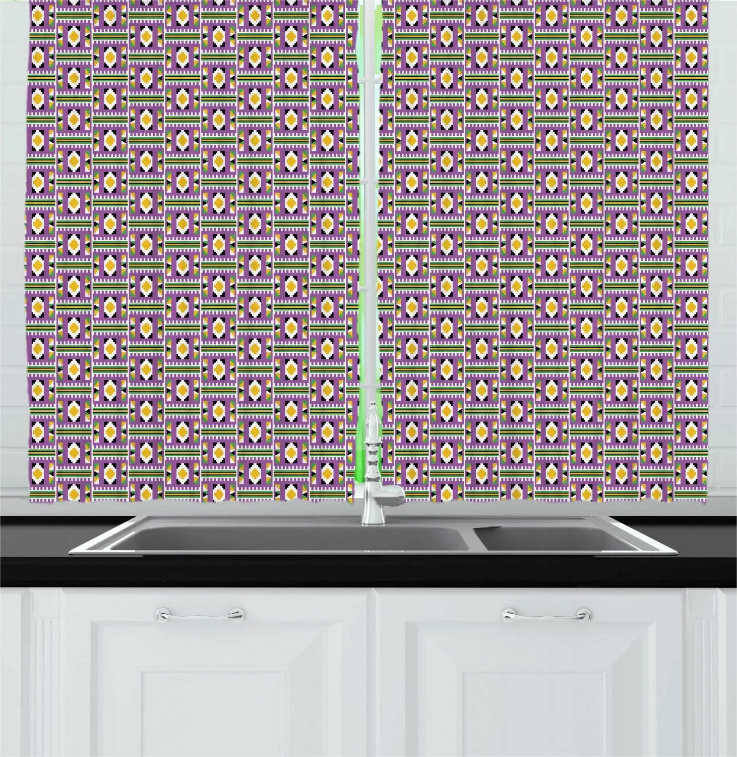 Purple Lime Green Yellow Ghana Kitchen Curtains Colorful Style Folk Fashion Pattern Continued Art Demonstration for Cafe | Дом и сад
