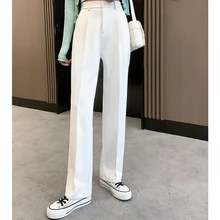 Pantalon de costume décontracté taille haute pour femme, tenue de bureau, couleur unie, ample, en laine, automne hiver