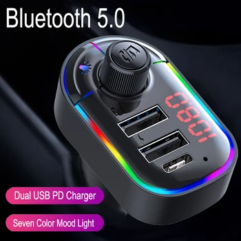 

JINSERTA Bluetooth 5.0 FM Transmitter Dual USB PD Charger Seven Color Ambient Light Car Mp3 Player Support U Disk Music Play