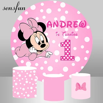 

Cute Minnie Mouse Round Backdrops For Photo Studio Pink Theme Girls Baby Shower Newborn 1st Birthday Party Circle Backgrounds
