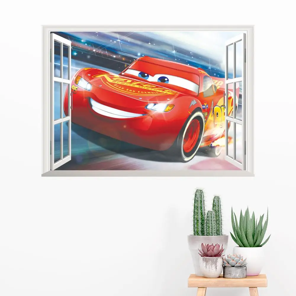 New Disney cartoon movie 3Dview Window Cars Lightning McQueen  wall sticker for kids room mural art Home decoration