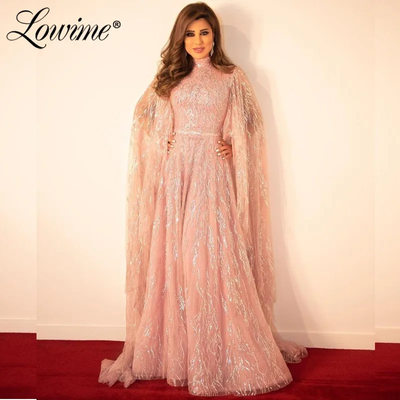 

Pink Puffy Long Sleeves Turkish Islamic Women Celebrity Evening Dresses 2020 Abendkleider Middle East Arabic Dubai Party Gowns