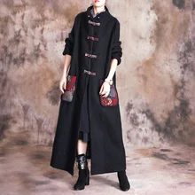 Женские шерстяные пальто на пуговицах с капюшоном и карманами в китайском стиле, новинка, зимние черные свободные винтажные женские шерстяные пальто с длинным рукавом