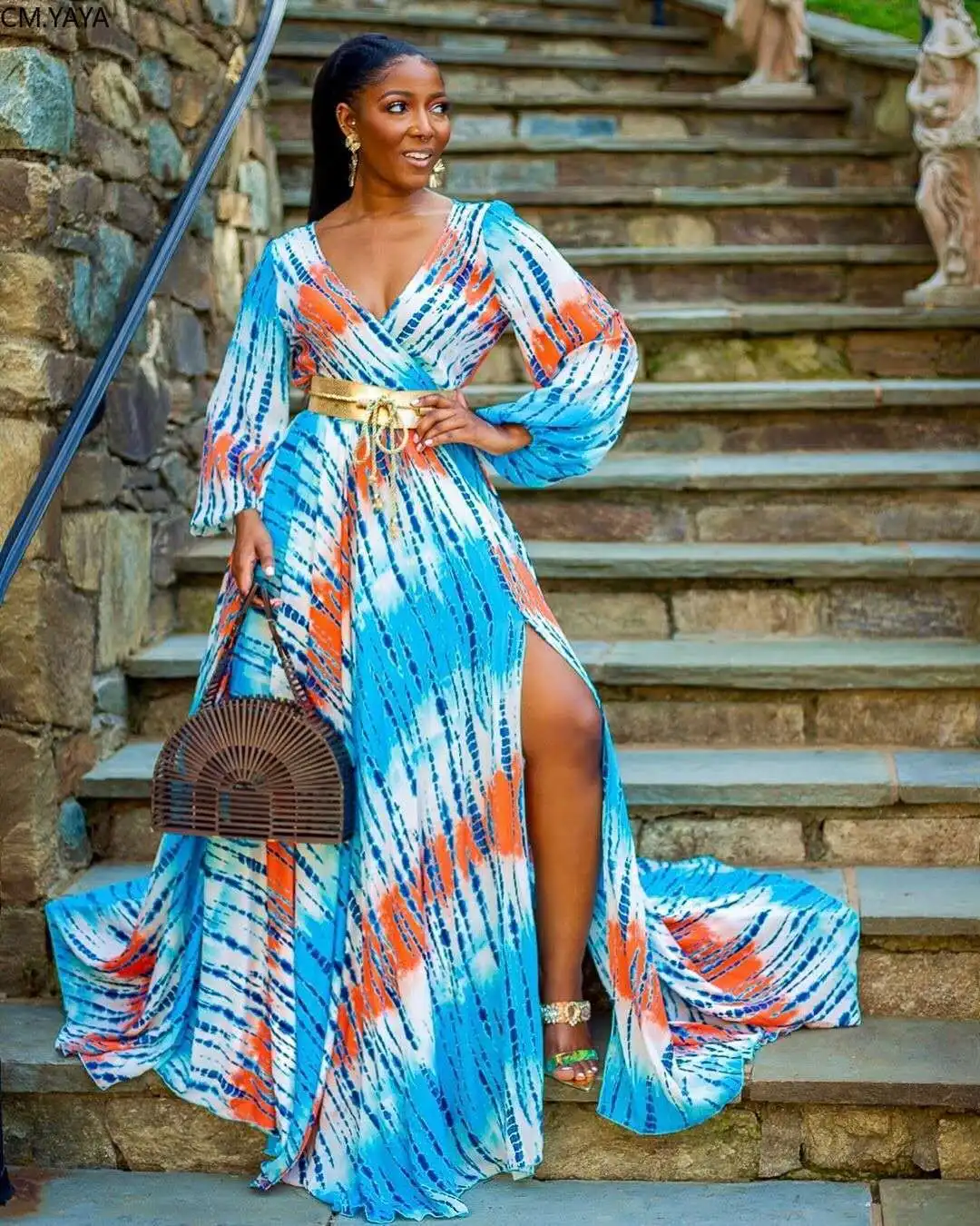 Womens Printing Boho Dress Long Sleeve 