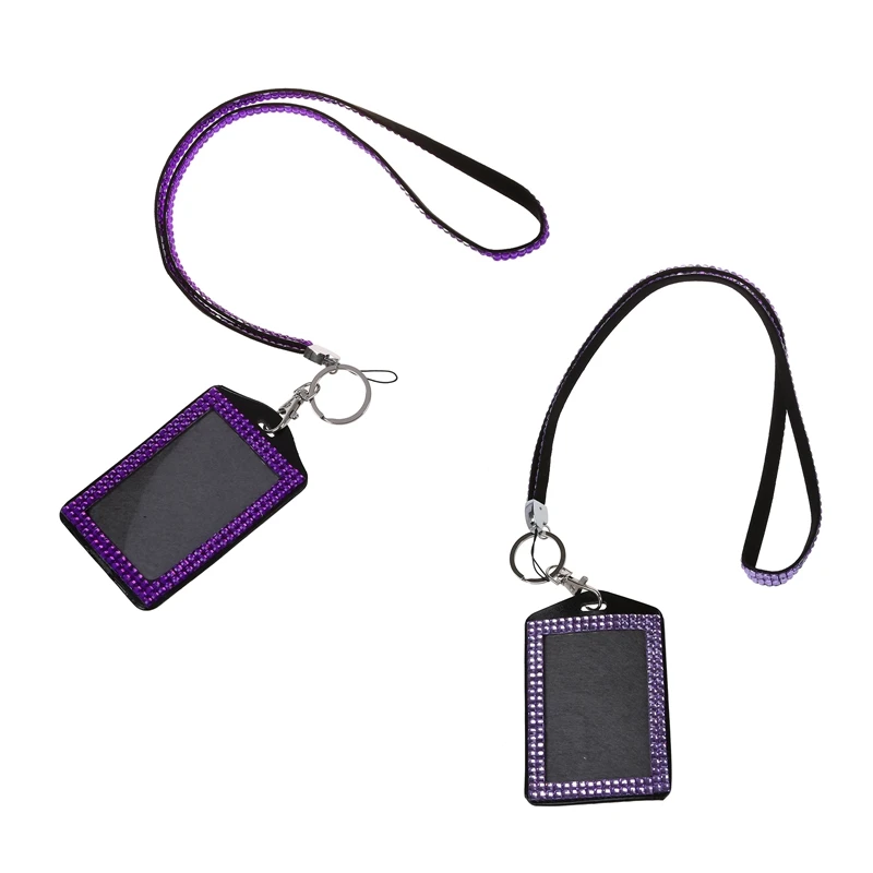 2 Pcs Rhinestone Bling Crystal Custom Lanyard Vertical ID Badge Holder(Dark Purple& Light Purple