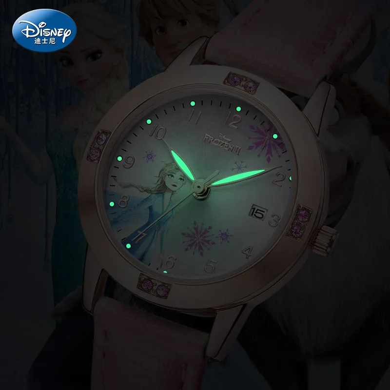 Disney Frozen Elsa Sofia Princess Children Girl Wristwatches Student Watches Pu Waterproof Calendar Luminous Japan Quartz Clocks 4