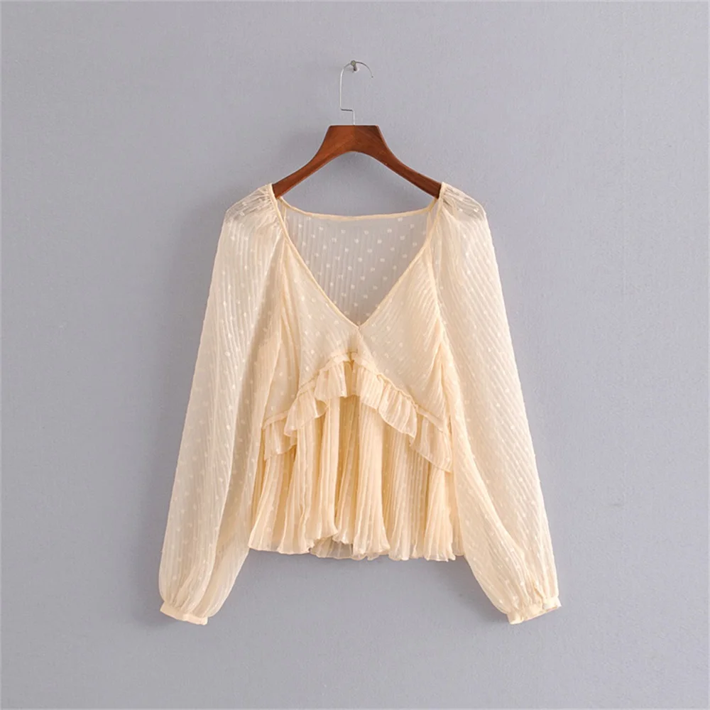 Comprar Principios de otoño 2019 nueva blusa de gasa de cuello en V de manga con borde de hoja de loto de retales europea y americana