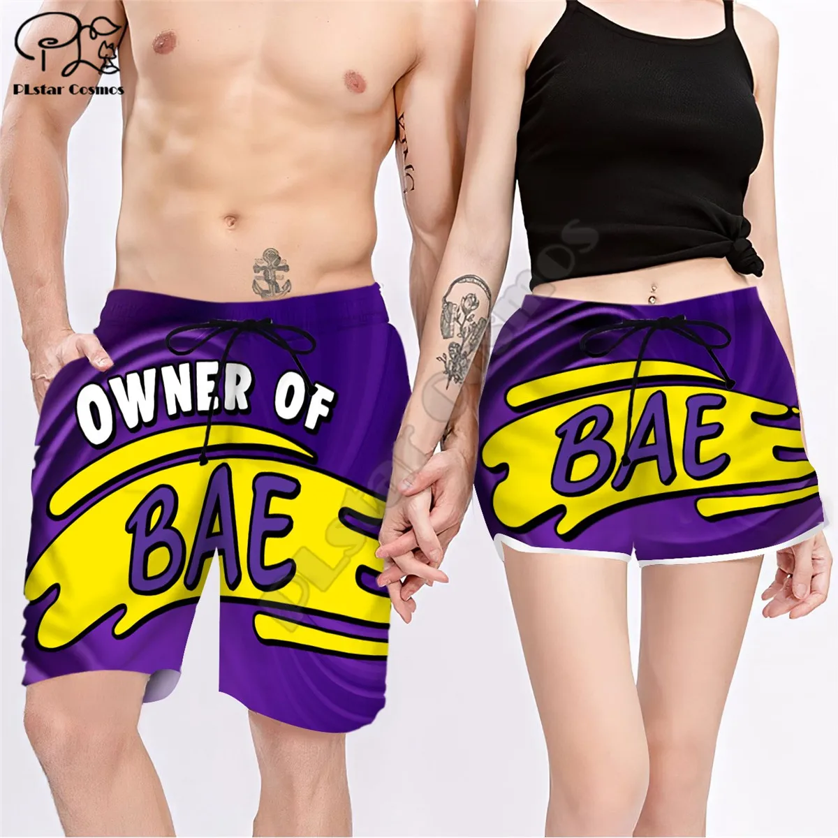 

Couple Matching BAE & OWNER Printed 3d Shorts women men Elastic Waist Summer Quick Dry Beach shorts