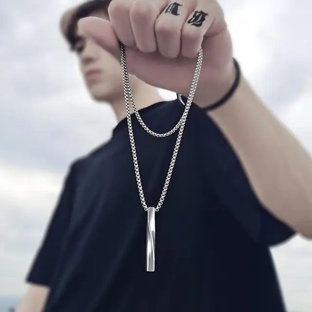 2021 Fashion New Black Rectangle Pendant Necklace Men Trendy Simple Stainless Steel Chain Men Necklace Jewelry Gift 1