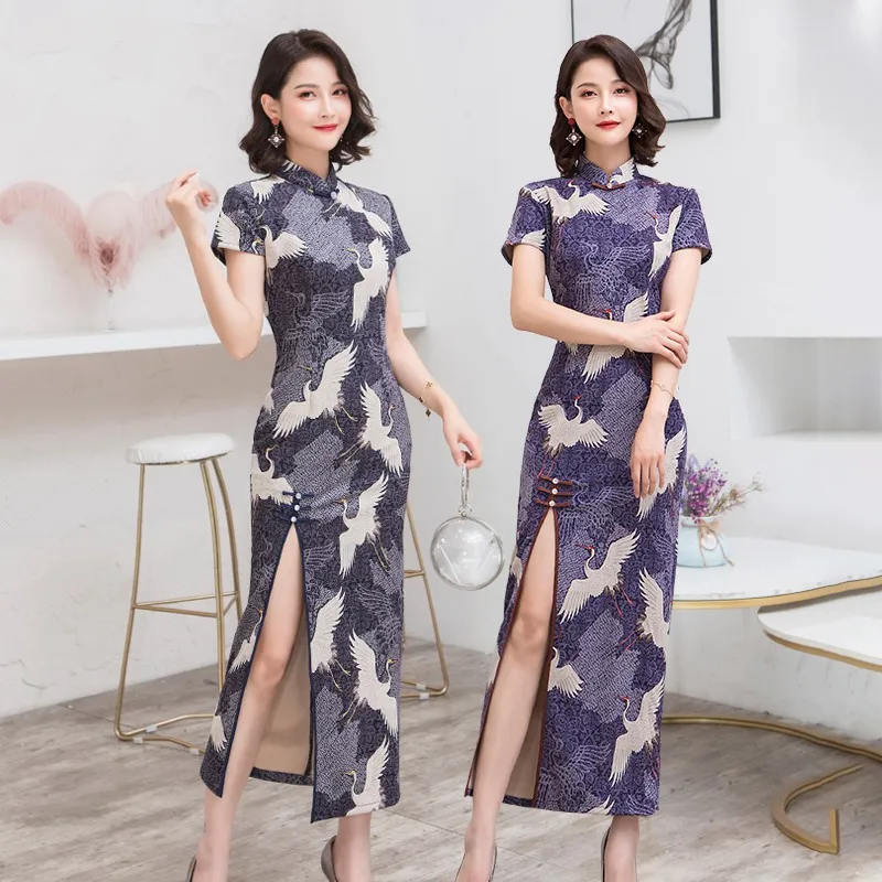 Шанхай история замша ткань китайские традиционные платья длинное платье-Чонсам с коротким рукавом сексуальное высокое платье Ципао с разрезом 2 цвета