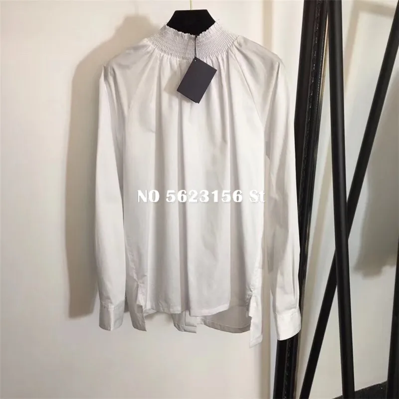 

High quality 100% Cotton women long sleeve shirts luxury design series Office Lady solid white back button shirt blouse
