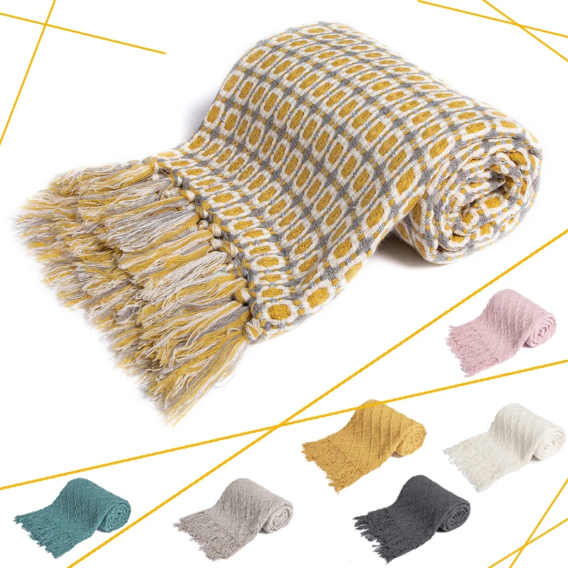 

Hot Yellow Grey Soft Blankets Sofa Throw Blanket with Tassels Knitted Thread Nap Blankets Nordic Soft Towel Bed 130x150 Tapestry