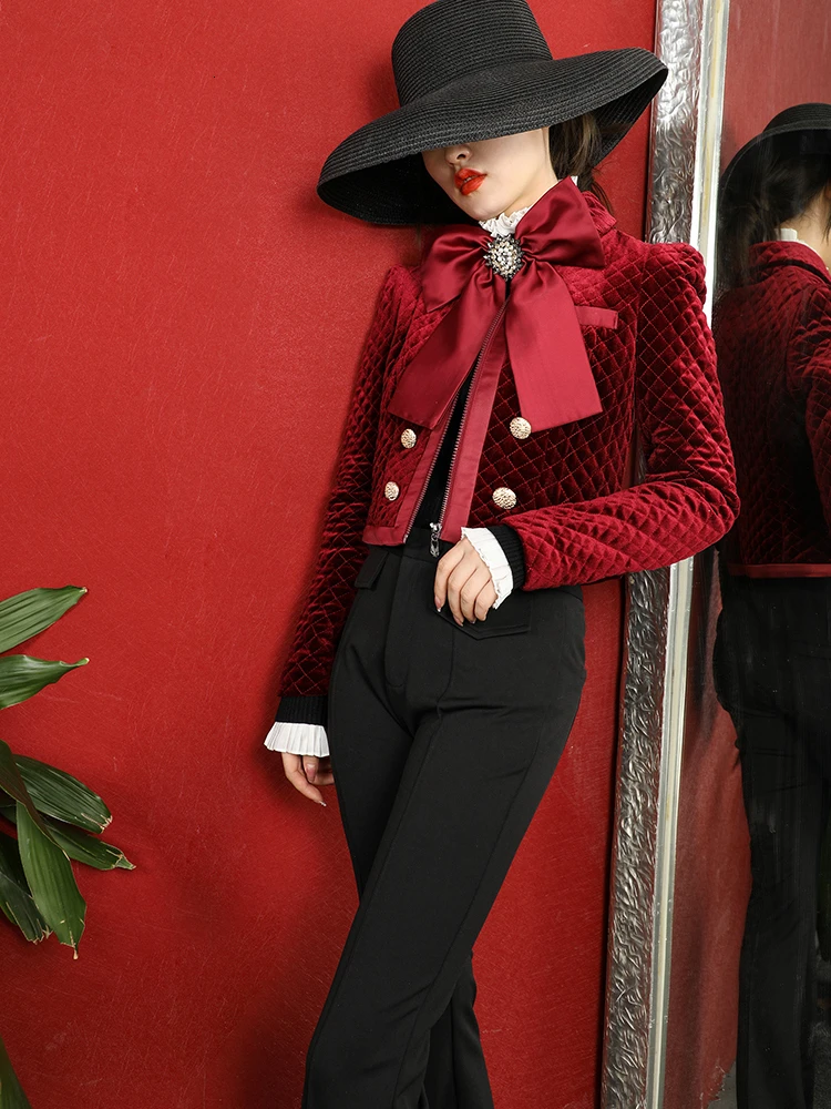 awesome 2020 winter fashion high street women clothes Slim single breasted bow collar velvet full sleeves