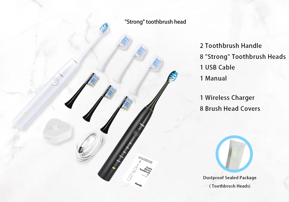 Vsmile Sonic Electric Toothbrush Couples or Family Toothbrush with Total 2 Black and White Toothbrushes and 8 Brush Heads - Цвет: Black and White