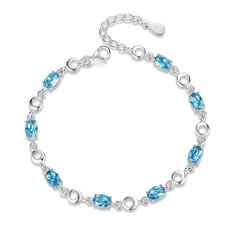Синие браслеты с топазами женские 925 серебро темно-синий сапфировый цвет драгоценный камень браслет для женщин подарок на день рождения - Цвет камня: Sky Blue