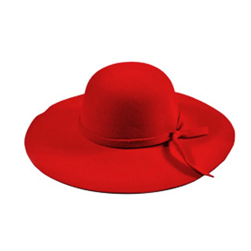 Красный Sombrero Mujer Женская винтажная шерстяная шапка Широкий Бант края элегантные женские новые модные шапки однотонный Круглый топ ретро шляпа - Цвет: Красный