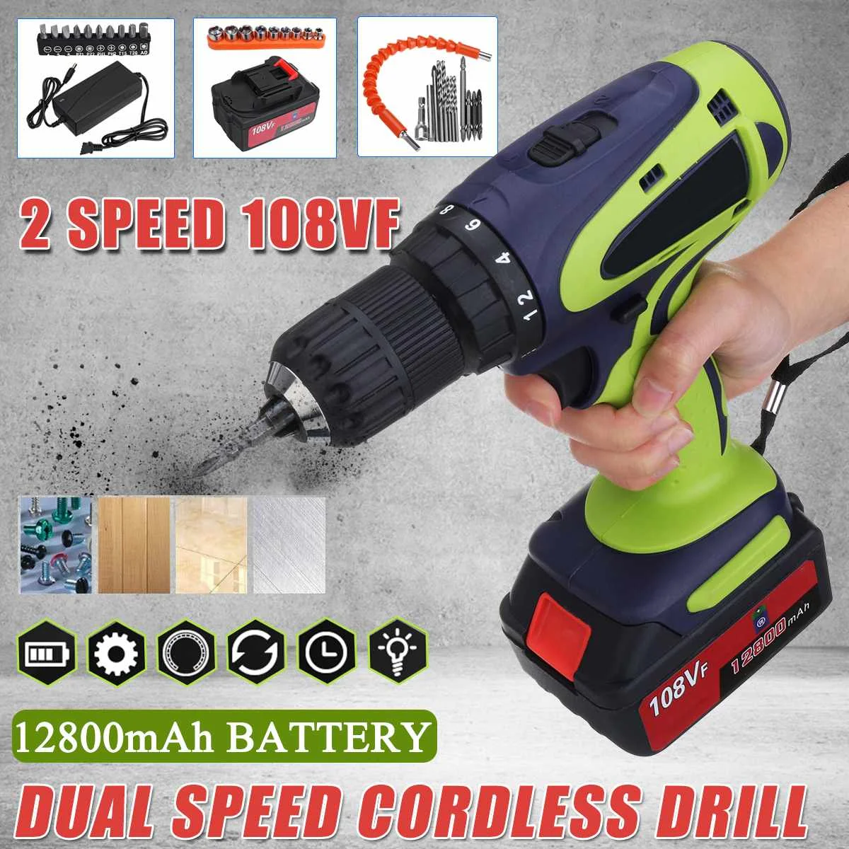 

Becornce 108VF 12800mAh Dual Speed Cordless Electric Drill Multifunctional High Power Household Electric Drills W/Accessories