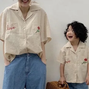 

2020 Summer Korean Children's Clothing New Boys and Girls Fashion Embroidered Parent-Child Lapel Button Casual Shirt