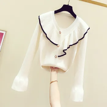 

Autumn Winter Elegant Ruffles V Neck Flare Sleeve Basic Knitted Top Pearl Single Breasted Long Sleeve Knitting Cardigans Women
