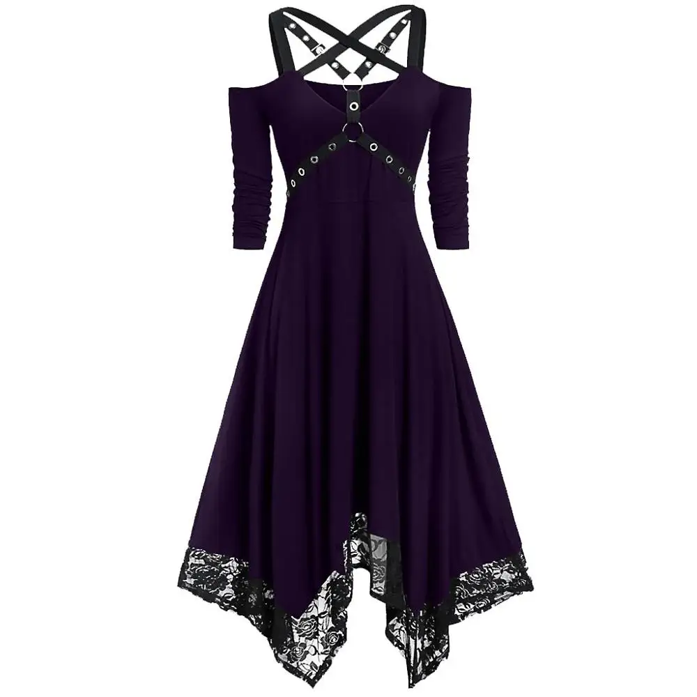 Эстетическое прозрачное кружевное Ретро готическое платье на Хэллоуин, черные винтажные элегантные платья с лентами и бантом, Vestidos Femme# G8 - Цвет: Фиолетовый