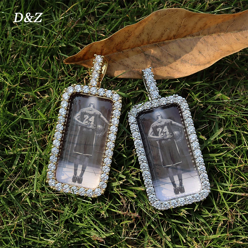 

D&Z New 3D Photo Pendant Rectangle Shape Solid Back 4mm Width Stones Side Hip Hop Jewelry Personalized Cubic Zircon Chain Gift