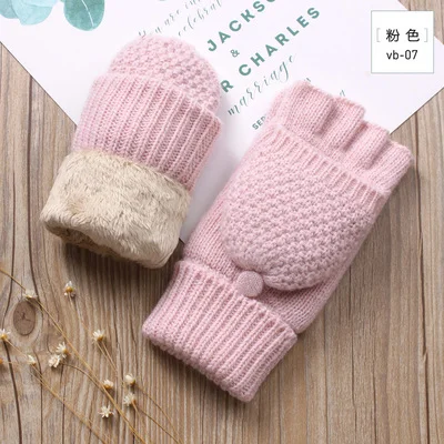 pink Женские перчатки без пальцев, зимние, вязаные, шерстяные, плюс бархат, уплотненные, теплые, варежки, новые, женские, флип, перчатки на пол пальца - Цвет: pink