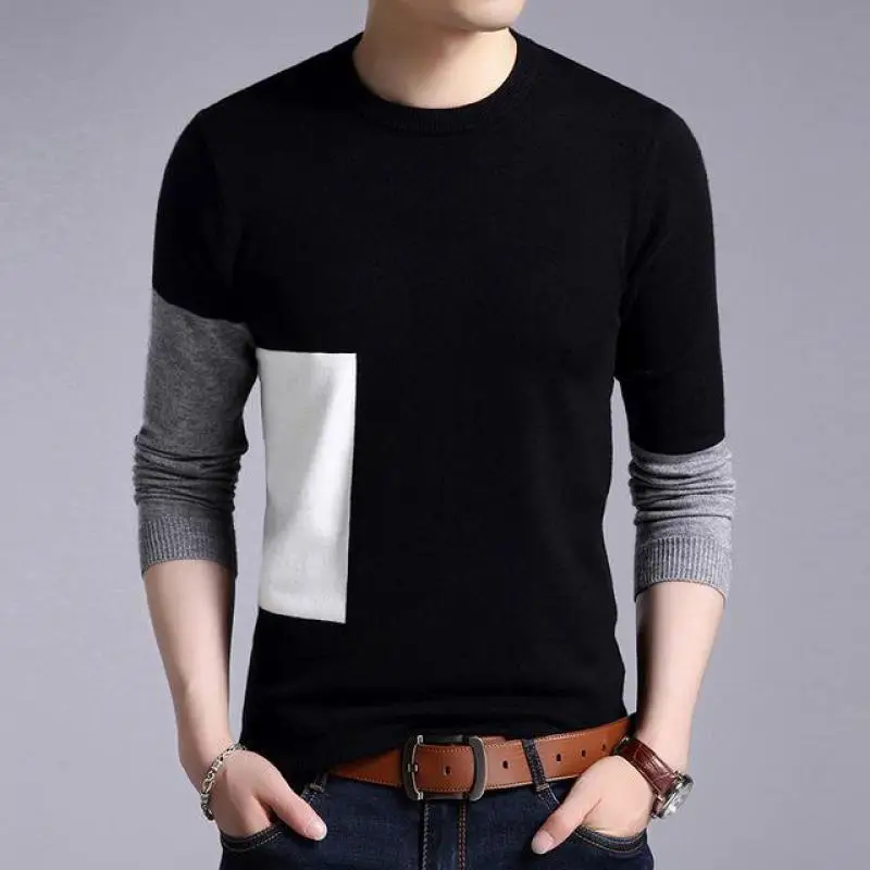 Модные свитеры Для мужчин s пуловеры с заплатками работа Slim Fit Джемперы вязаный, шерстяной Осень корейский стиль Повседневное Для мужчин одежда - Цвет: Black