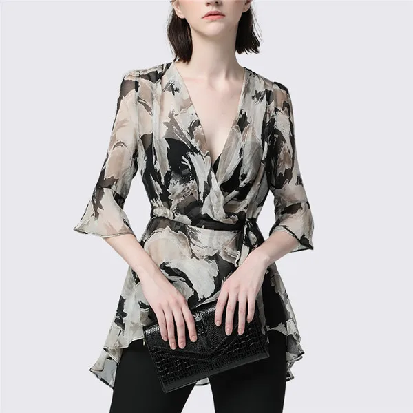 Top With Bra Женская шифоновая блуза с принтом хризантемы, с v-образным вырезом, с длинным рукавом, весенне-летний топ с поясом, элегантные тонкие женские блузки - Цвет: Top With Bra