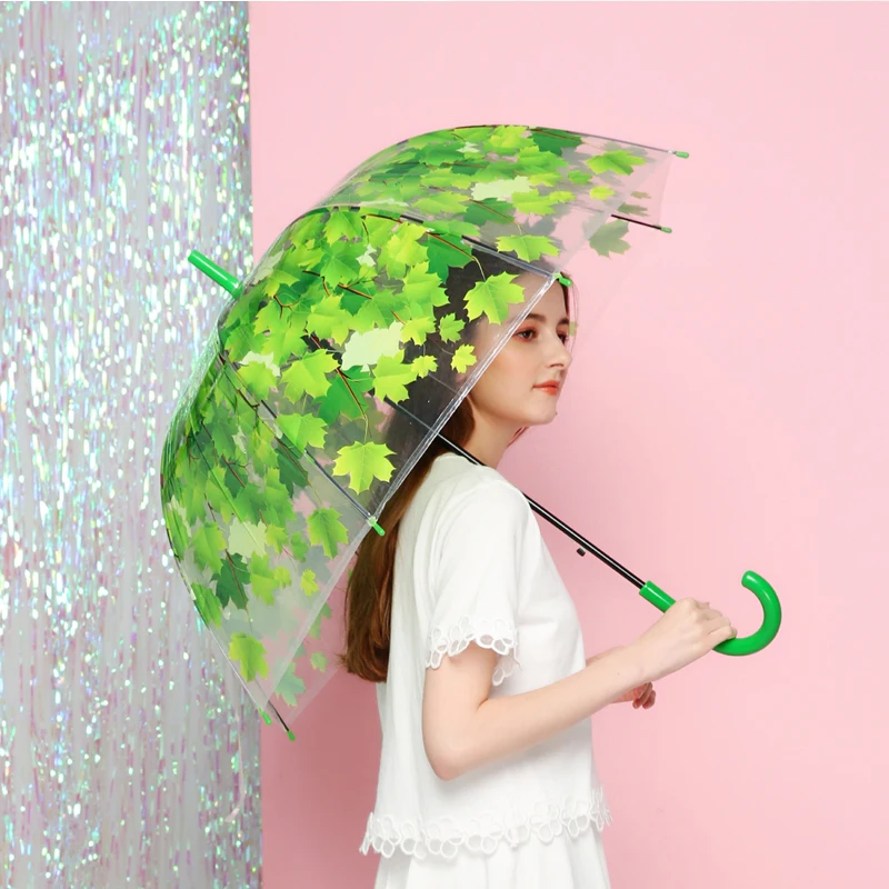 

Fashion Transparent Green Leaf Long Handle Umbrella Ladies Semi-Automatic Waterproof Windproof Umbrella PVC Transparent Umbrella