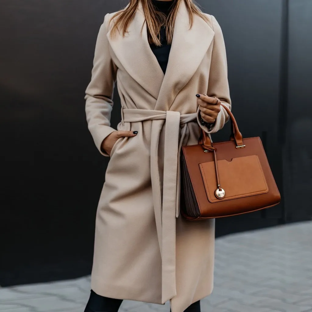 Plus Size Loose Warm Wool Blends Long Winter Coat Turn-down Collar Adjustable Belt Wool Coats Women Office Work Wear Elegant#J30