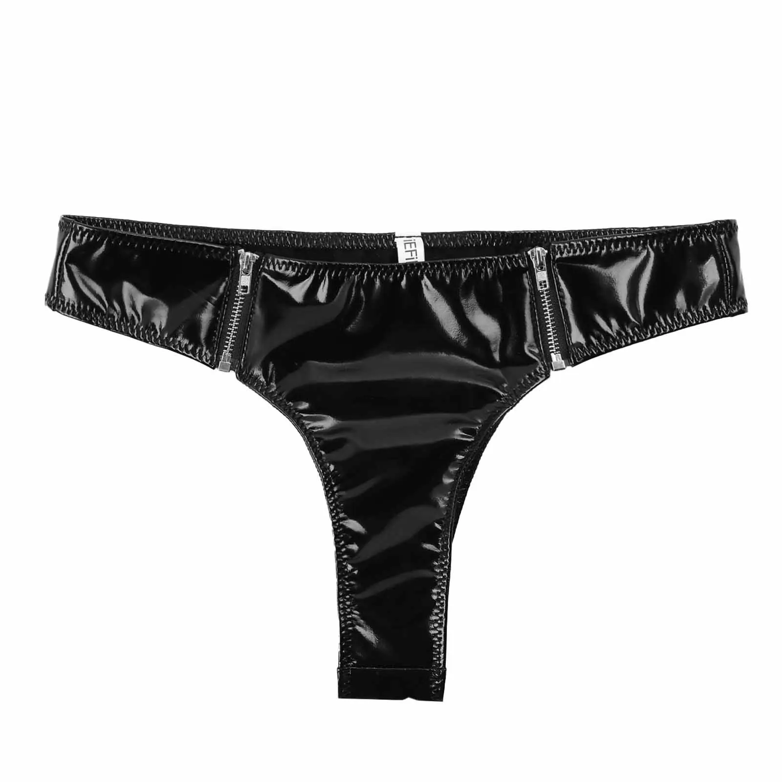 Womens Lingerie Bikini Underwear Shiny Patent Leather Thong Briefs Panties Low-waisted Sexy Front Zipper Underpants Clubwear