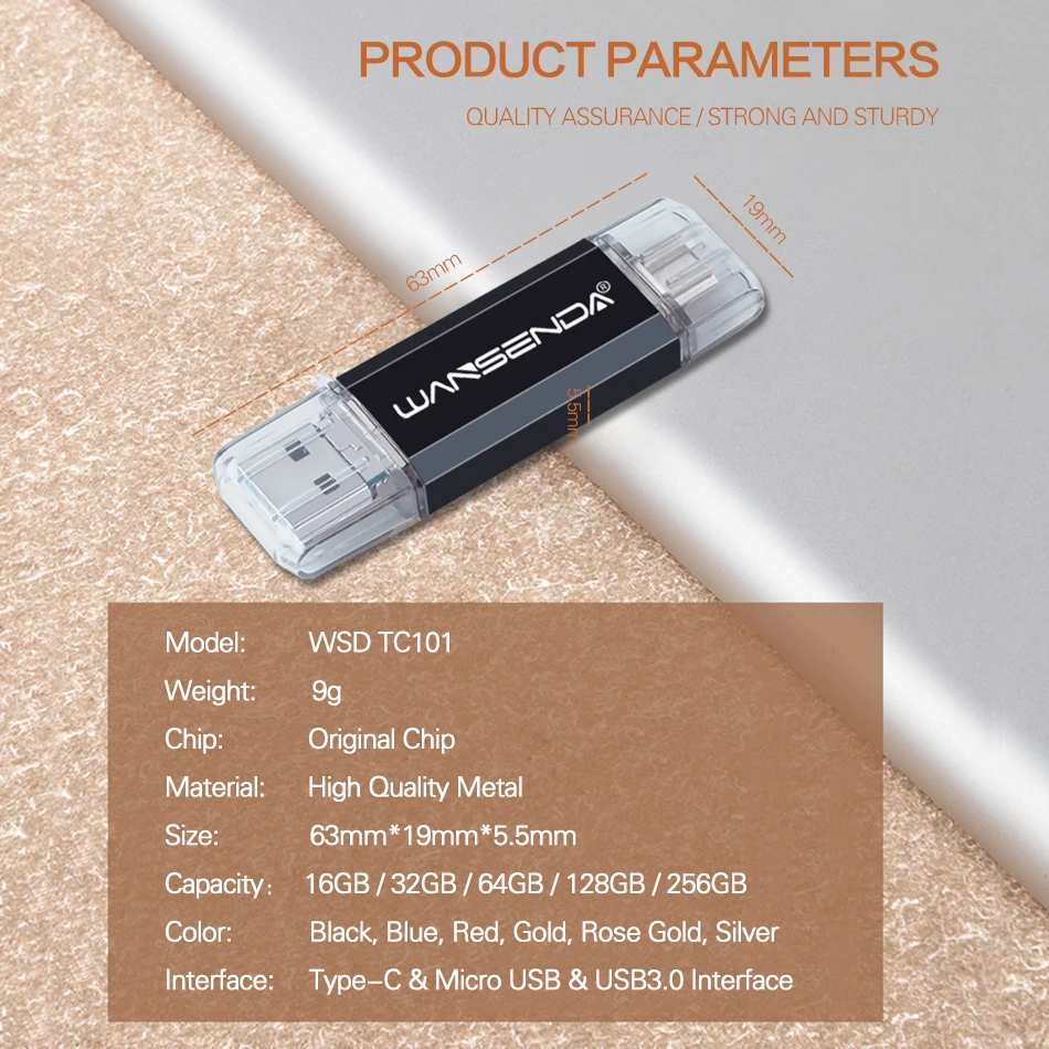 WANSENDA OTG USB Flash Drive Type C Pen Drive 32GB 64GB 128GB 256GB High Speed Pendrive 5